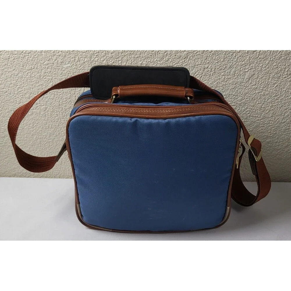Vtg Albinar Leather/Canvas Camera Bag 4 Zip Pockets Shoulder Strap Blue/Brown